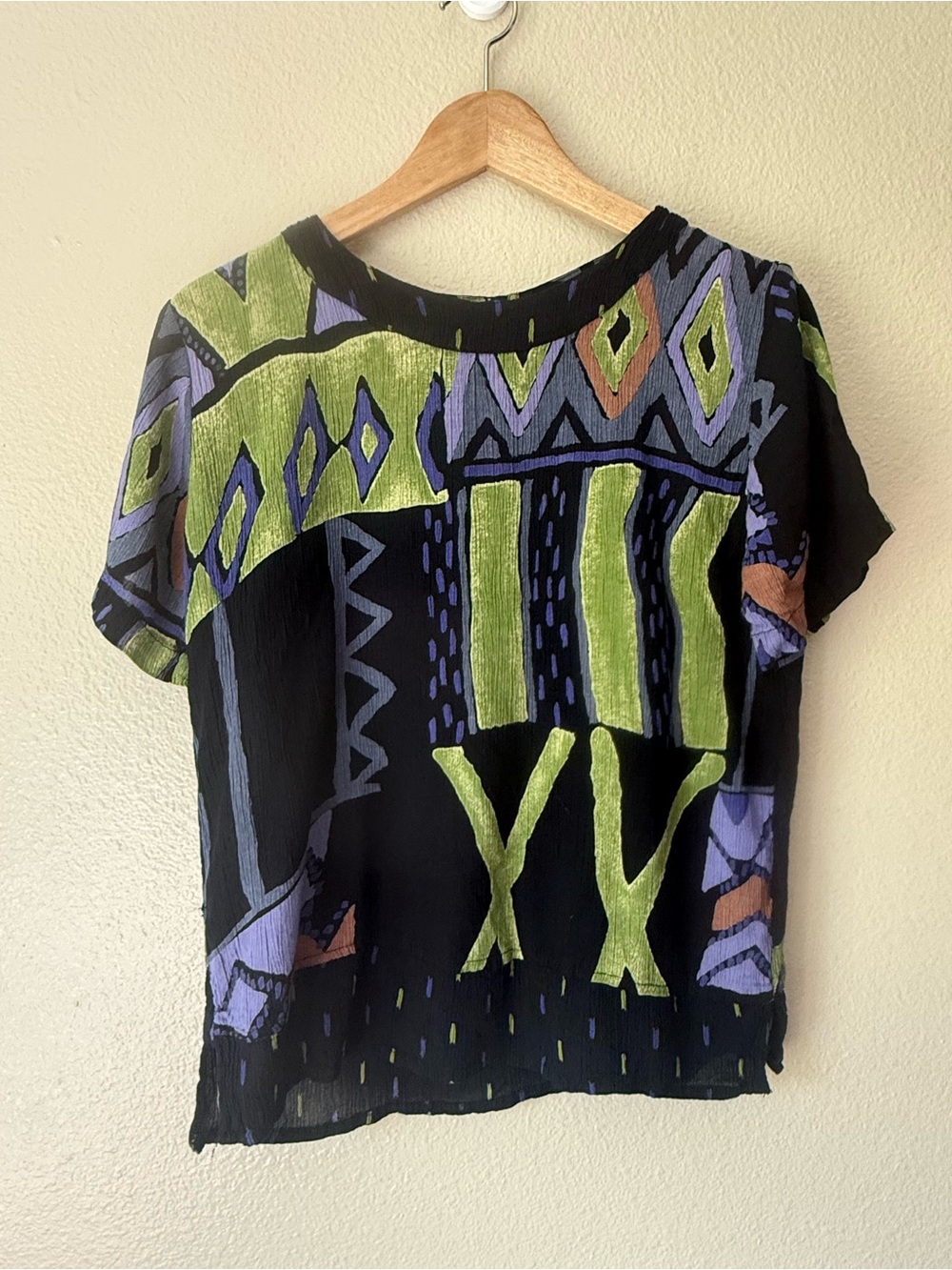 ❇️Black Short Sleeve Top with Lime & Purple Abstract Print 2 for $22❇️